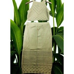 HOUSE OF HARLOW 1960 Knit Skirt/Tank Top Set Size M Green Crochet Hem Lined Midi